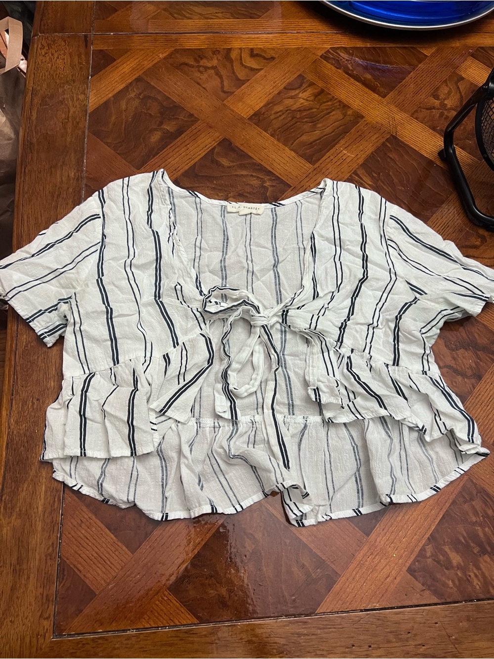 La Hearts White and Navy Striped Tie-Front Peplum Blouse